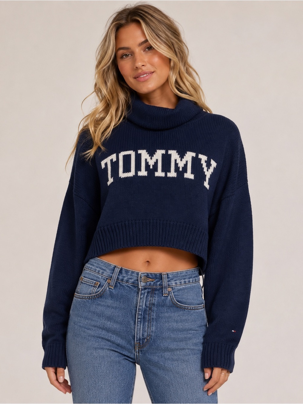 Tommy Hilfiger Womens S Navy Cropped Hoodie Sweater TOMMY Logo Knit Y2K